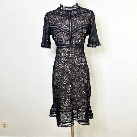 Bardot Dresses & Skirts - Bardot Black Lace Mock Neck Knee Length Dress Sheath Theodora‎ Size 8 / Medium